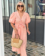 Eleganckie bawełniane i lniane sukienki damskie z kokardą i paskiem