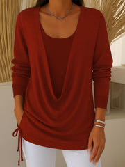 Damska bluzka z długim rękawem i kołnierzem typu swing w jednolitym kolorze, imitująca dwuczęściowy komplet