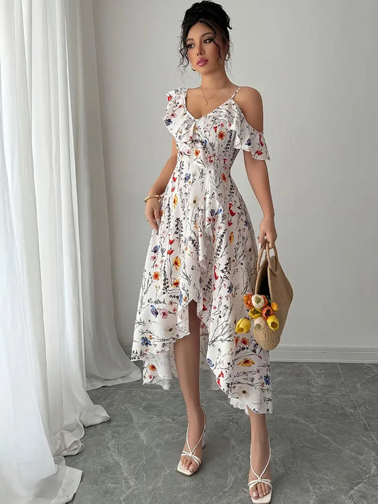 Elegancki kwiatowy nadruk w szpic w dekolcie midi dla kobiet