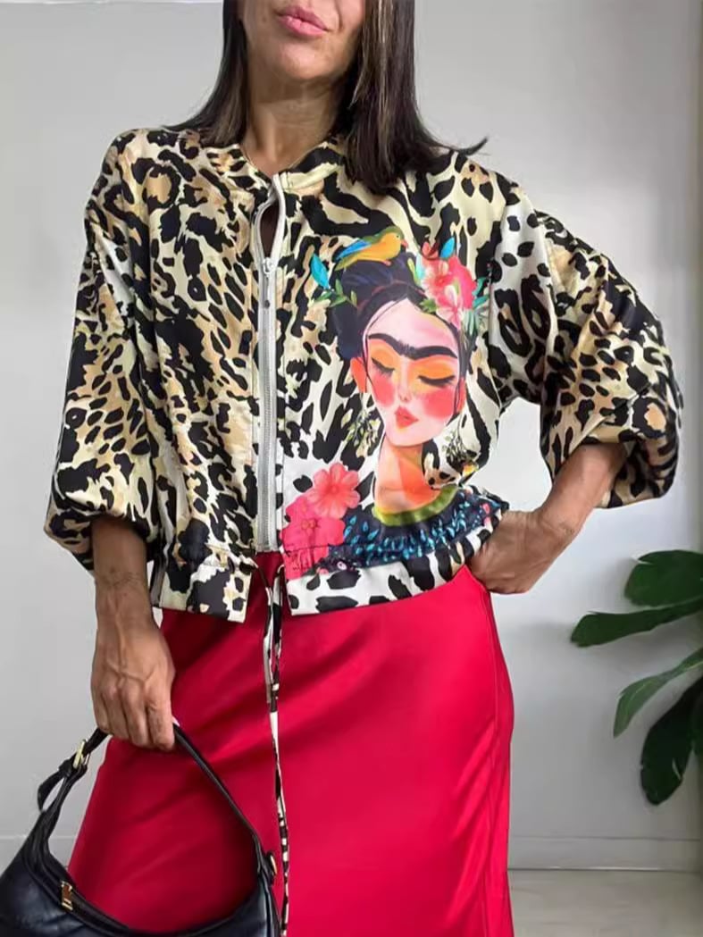 Leopard unikalny druk zamek błyskawiczny sznurka bombowa kurtka bombowa