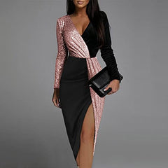 💎Seksowna dopasowana sukienka midi z dekoltem w szpic. Casualowa, zapinana na zamek, z długim rękawem, błyszcząca mini sukienka na imprezę