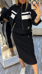 Sukienka z okrągłym dekoltem i marynarka damska, garnitur casualowy