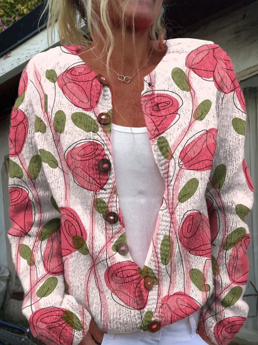 Sweter kardigan z nadrukiem świeżych różowych róż zapinany na guziki