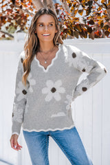 💃OSTATNI DZIEŃ 50% ZNIŻKI✨🍂Damski sweter z kwiatowym wzorem i wycięciem w kształcie muszelki
