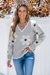 💃OSTATNI DZIEŃ 50% ZNIŻKI✨🍂Damski sweter z kwiatowym wzorem i wycięciem w kształcie muszelki