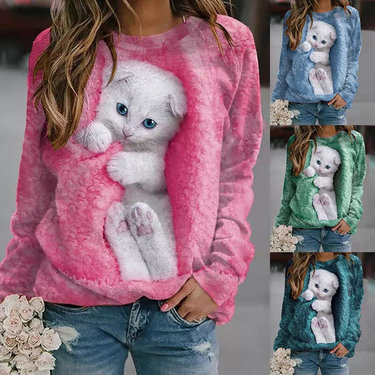 Damskie pulowerowe topy w stylu casual, w paski, damskie, zwierzęce, na co dzień, luźne, z nadrukiem uroczego kota, z długim rękawem, wokół szyi, zimową jesienią