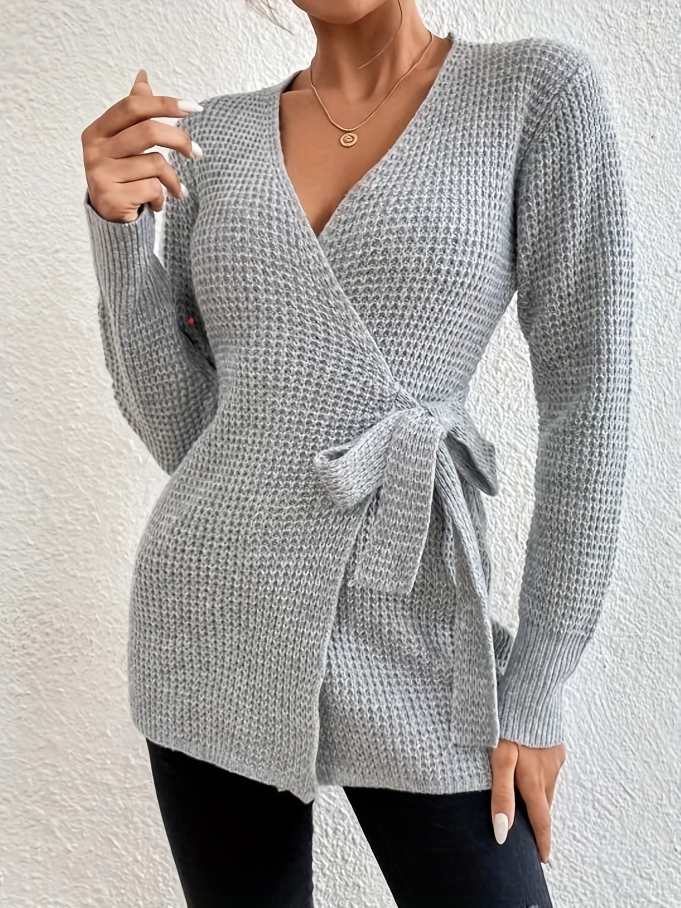 Solid Surplice Neck Belted Cardigan, Casual Long Sleeve Sweater For Fall & Winter, Women's Clothing