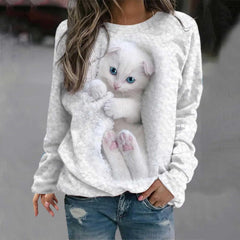 Damskie pulowerowe topy w stylu casual, w paski, damskie, zwierzęce, na co dzień, luźne, z nadrukiem uroczego kota, z długim rękawem, wokół szyi, zimową jesienią