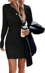 ⏰💃Ostatni dzień 50% ZNIŻKI❄️🖤Damska zimowa gładka, dzianinowa obcisła sukienka sweterkowa z okrągłym dekoltem