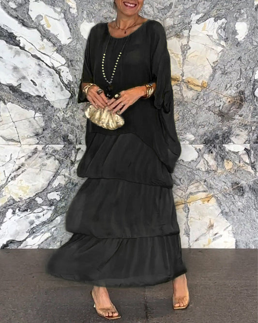 👗 Elegancka wielowarstwowa długa sukienka bufiasta w stylu retro