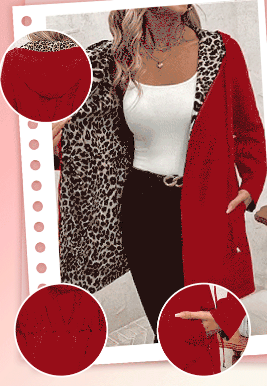 Dwustronny płaszcz z kapturem i nadrukiem w panterkę