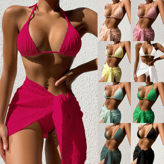 3-częściowy plażowy zestaw seksownych bikini w jednolitym kolorze, bez pleców
