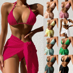 3-częściowy plażowy zestaw seksownych bikini w jednolitym kolorze, bez pleców