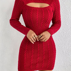 Cut Out Cable Knit Sweater Dress, Sexy Long Sleeve Bodycon Dress, Women's Clothing
