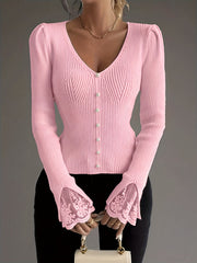 Prążkowana tekstura, miękka i wygodna, idealna do codziennych lub eleganckich strojów, uniwersalny top | Top z przodu zapinany na guziki | Budowlane, damskie dzianiny