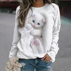 Damskie pulowerowe topy w stylu casual, w paski, damskie, zwierzęce, na co dzień, luźne, z nadrukiem uroczego kota, z długim rękawem, wokół szyi, zimową jesienią