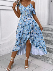 Elegancki kwiatowy nadruk w szpic w dekolcie midi dla kobiet