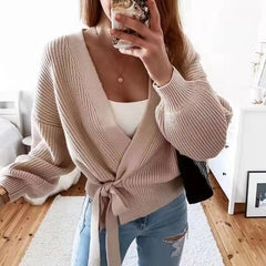 Solid Surplice Neck Belted Cardigan, Casual Long Sleeve Sweater For Fall & Winter, Women's Clothing