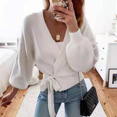 Solid Surplice Neck Belted Cardigan, Casual Long Sleeve Sweater For Fall & Winter, Women's Clothing