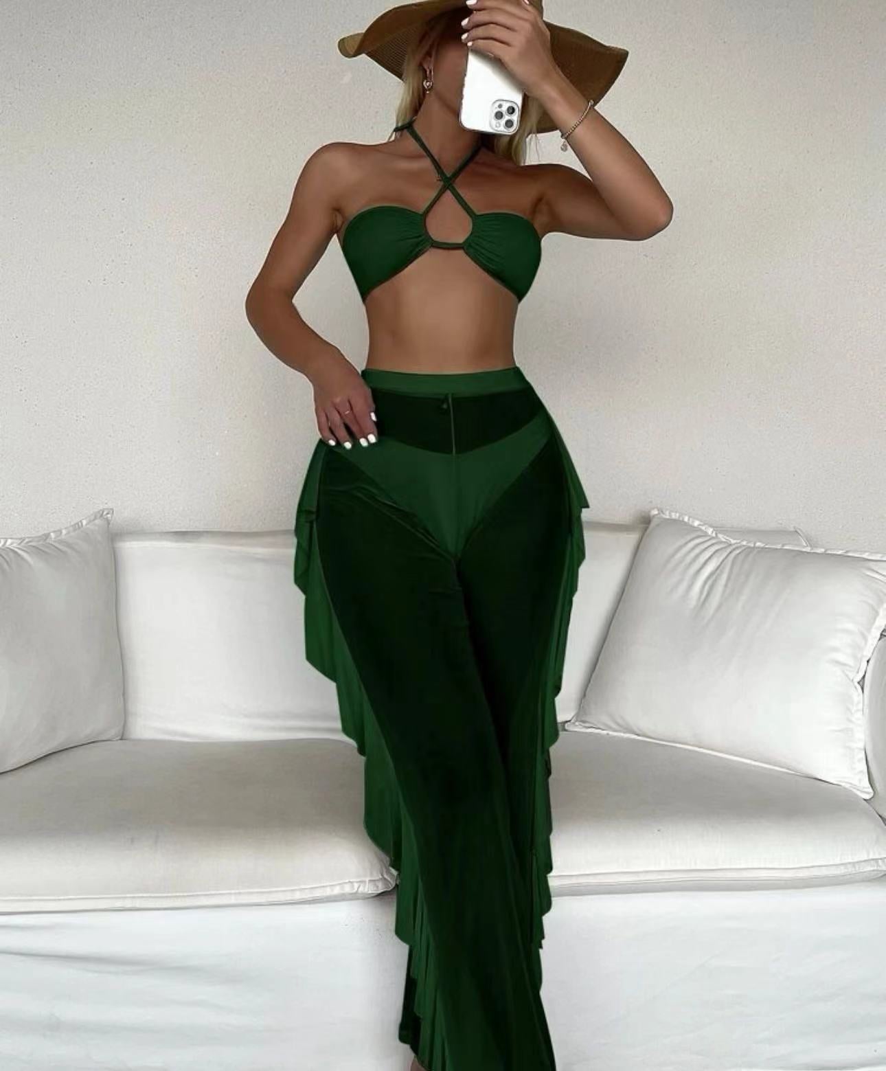 Elegancki 3-częściowy zestaw bikini z przezroczystymi spodniami zakrywającymi i topem typu halter