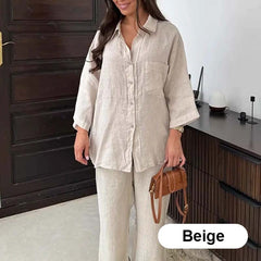 🔥Letnie wyprzedaże -50% ZNIŻKI🔥Damski zestaw z lnianą koszulą i spodniami z bawełny
