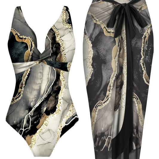Elegancki dwuczęściowy kostium kąpielowy z marmurkowym nadrukiem
