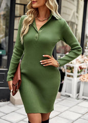 💕Sweterowa sukienka mini z długim rękawem, zapinana z przodu na guziki