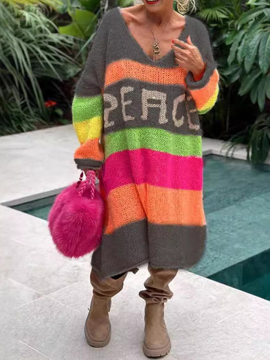 Sukienka sweterkowa z długim rękawem i dekoltem w serek z bloków kolorów, wykonana z kaszmiru