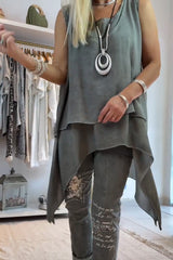 Damski top na co dzień w jednolitym kolorze, bez rękawów, z nieregularnym brzegiem