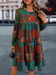 Plus Size Sukienka Boho Chic - Żywy patchworkowy nadruk z zwiewnymi latarniowymi rękawami - Okrągły dekolt, Luźny krój, Mini sukienka dla kobiet