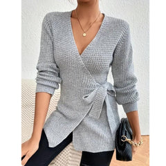 Solid Surplice Neck Belted Cardigan, Casual Long Sleeve Sweater For Fall & Winter, Women's Clothing