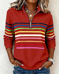 Modny sweter z kołnierzykiem zapinanym na zamek i tęczowymi paskami