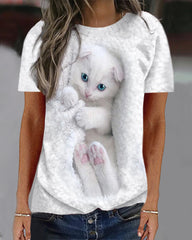 Damskie pulowerowe topy w stylu casual, w paski, damskie, zwierzęce, na co dzień, luźne, z nadrukiem uroczego kota, z długim rękawem, wokół szyi, zimową jesienią