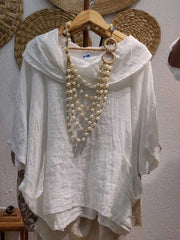 Damski jednolity kolor, drapowany dekolt, rękawy 3/4, wygodny, swobodny, lniany top z kieszeniami