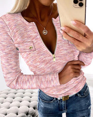 Sweter z dzianiny o luźnym kroju, z okrągłym dekoltem i zamkiem błyskawicznym. Top o dopasowanym kroju