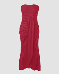 Bez rękawów Ruched Cinched talia Wrap Bandeau Dress Haft Eyelet Slit Asymetryczna sukienka wakacyjna