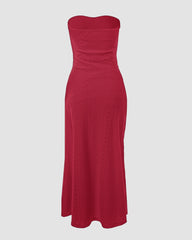Bez rękawów Ruched Cinched talia Wrap Bandeau Dress Haft Eyelet Slit Asymetryczna sukienka wakacyjna