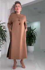 Damska, luźna, skórzana, patchworkowa sukienka z kieszeniami