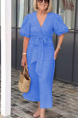 Eleganckie bawełniane i lniane sukienki damskie z kokardą i paskiem