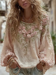 Koszulka damska vintage różowa róża róży okrągła