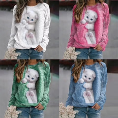 Damskie pulowerowe topy w stylu casual, w paski, damskie, zwierzęce, na co dzień, luźne, z nadrukiem uroczego kota, z długim rękawem, wokół szyi, zimową jesienią
