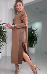 Damska, luźna, skórzana, patchworkowa sukienka z kieszeniami