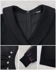 Brokatowa, przezroczysta siatkowa naszywka z odkrytymi ramionami, marszczona obcisła mini sukienka, seksowna sukienka z kryształkami