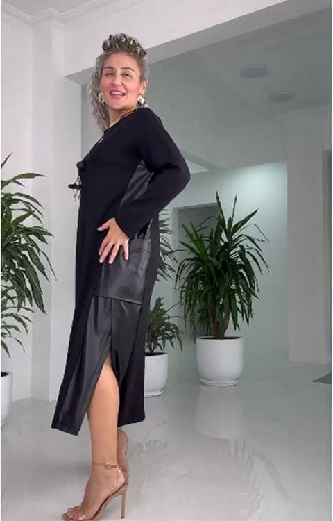 Damska, luźna, skórzana, patchworkowa sukienka z kieszeniami