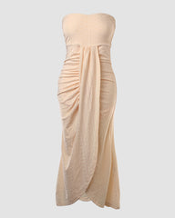 Bez rękawów Ruched Cinched talia Wrap Bandeau Dress Haft Eyelet Slit Asymetryczna sukienka wakacyjna