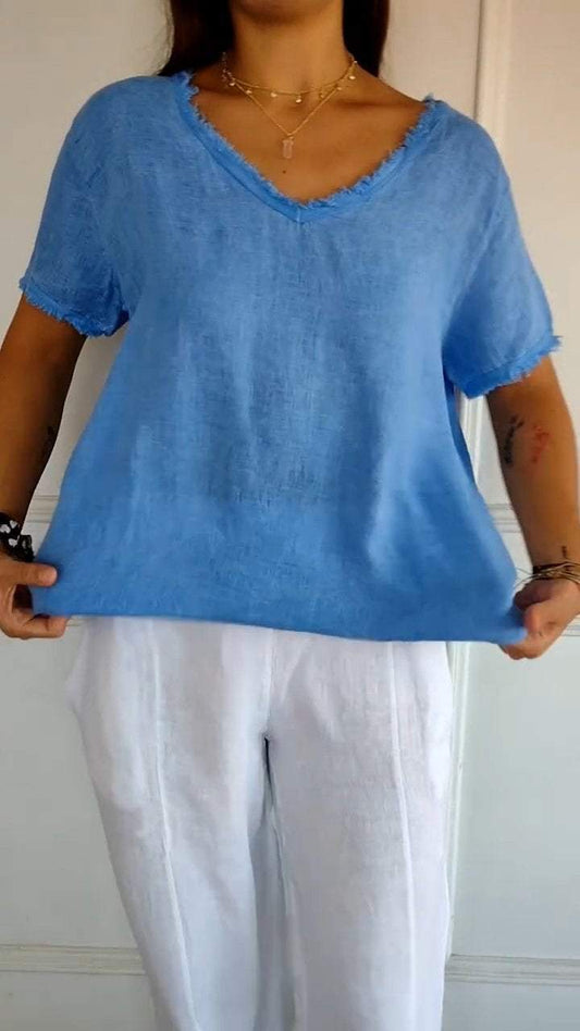 Damski krótki, swobodny top z dekoltem w kształcie litery V