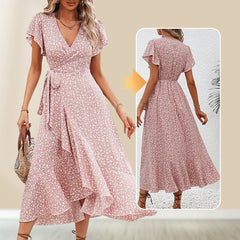 Summer damski elegancki w gardle krawatowej talii Lową kwiatową sukienkę