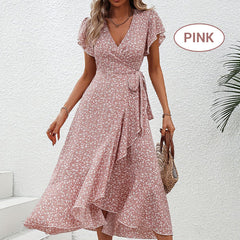 Summer damski elegancki w gardle krawatowej talii Lową kwiatową sukienkę