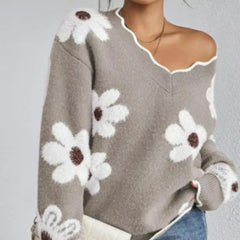 💃OSTATNI DZIEŃ 50% ZNIŻKI✨🍂Damski sweter z kwiatowym wzorem i wycięciem w kształcie muszelki