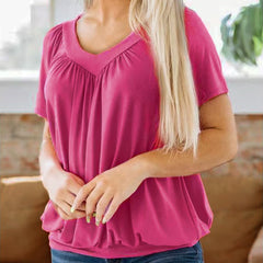 💖 Damy, swobodny złożony top z krótkimi rękawami i dekoltem w v